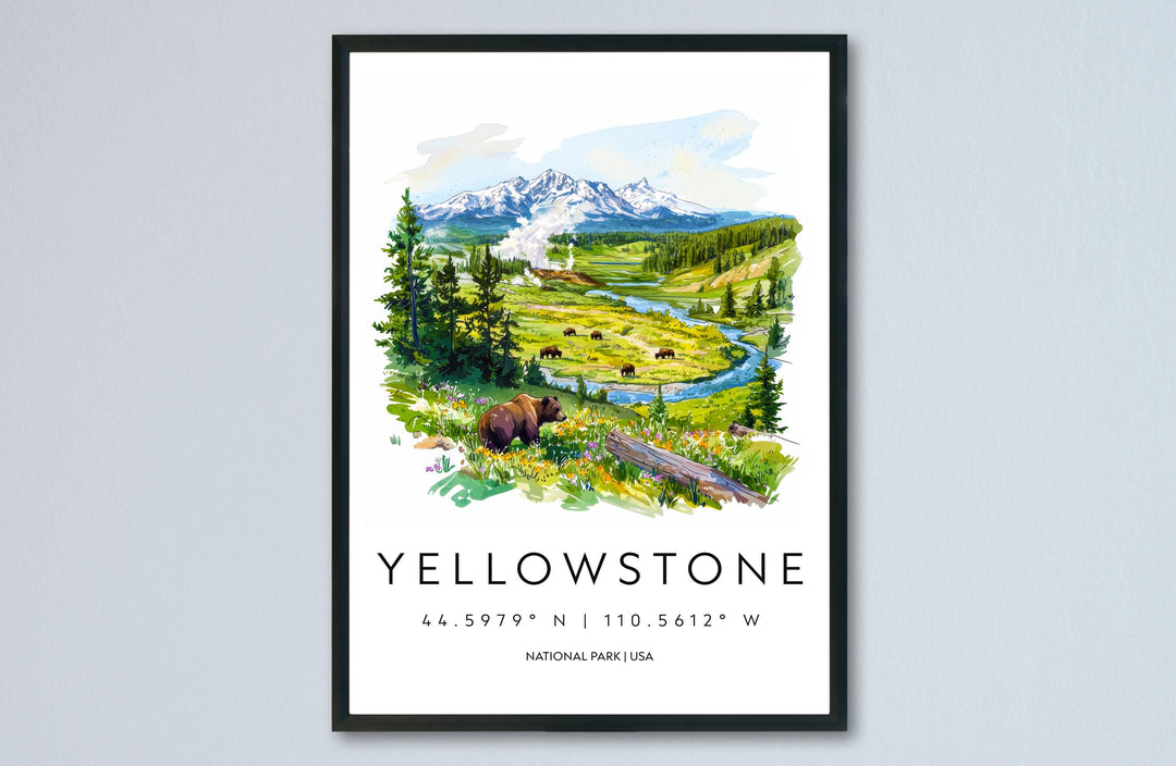 Yellowstone National Park Watercolor Poster Yellowstone Travel Print Wyoming Wall Art Geyser Landscape Decor Wildlife Nature Scene Print