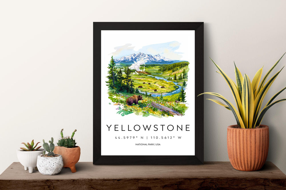 Yellowstone National Park Watercolor Poster Yellowstone Travel Print Wyoming Wall Art Geyser Landscape Decor Wildlife Nature Scene Print