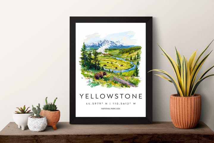 Yellowstone National Park Watercolor Poster Yellowstone Travel Print Wyoming Wall Art Geyser Landscape Decor Wildlife Nature Scene Print