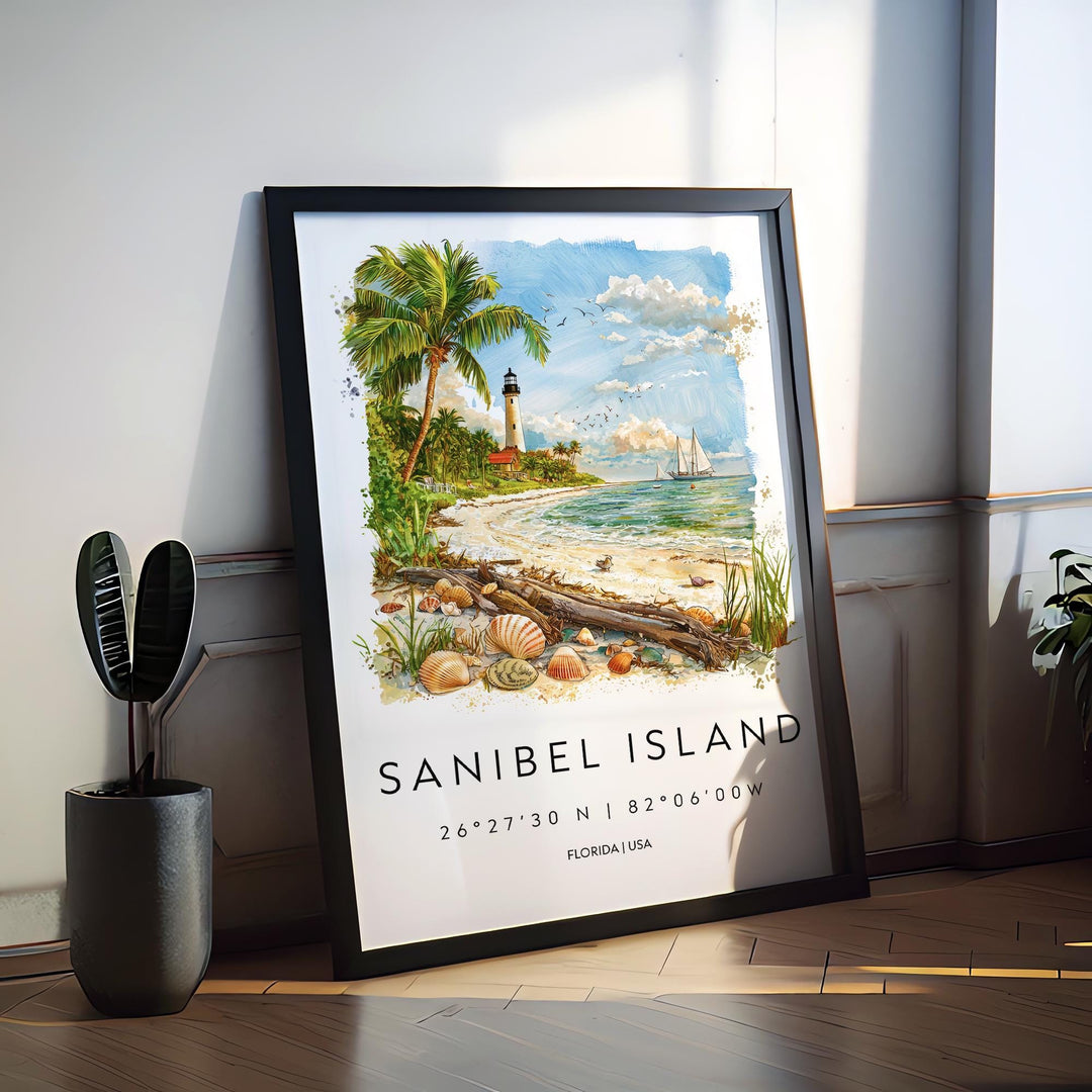 Sanibel Island Watercolor Poster Sanibel Travel Print Florida Wall Art Sanibel Island Decor Coastal Beach Scene Ocean View Shell Print