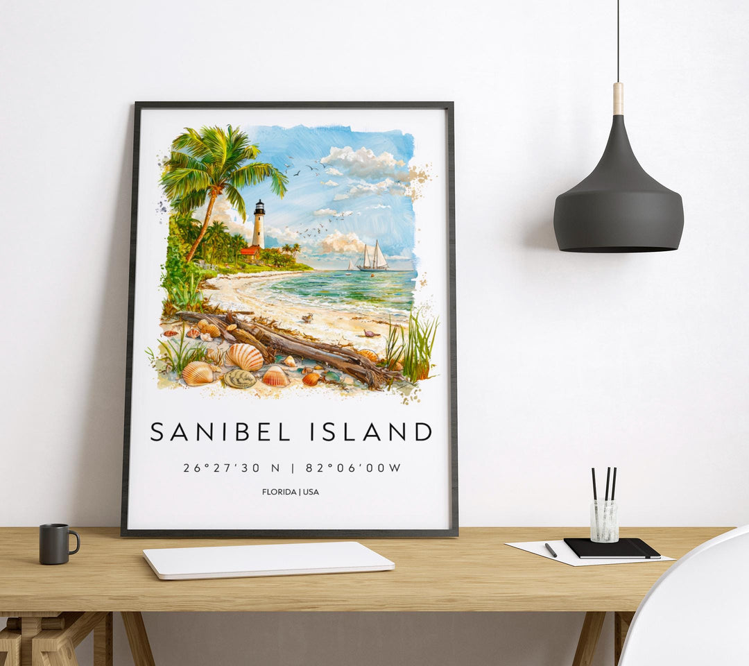 Sanibel Island Watercolor Poster Sanibel Travel Print Florida Wall Art Sanibel Island Decor Coastal Beach Scene Ocean View Shell Print