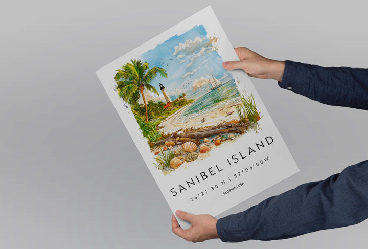 Sanibel Island Watercolor Poster Sanibel Travel Print Florida Wall Art Sanibel Island Decor Coastal Beach Scene Ocean View Shell Print