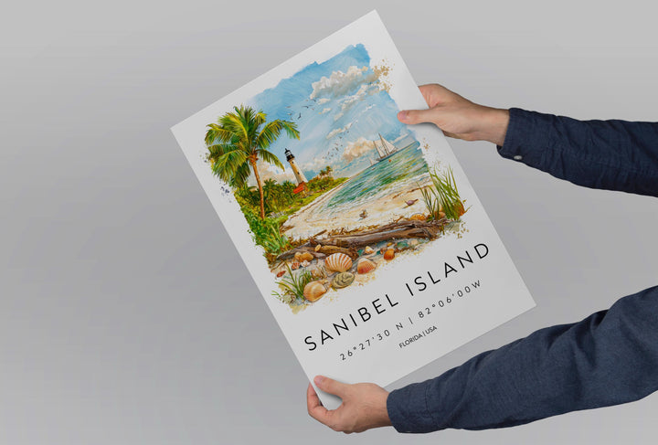 Sanibel Island Watercolor Poster Sanibel Travel Print Florida Wall Art Sanibel Island Decor Coastal Beach Scene Ocean View Shell Print