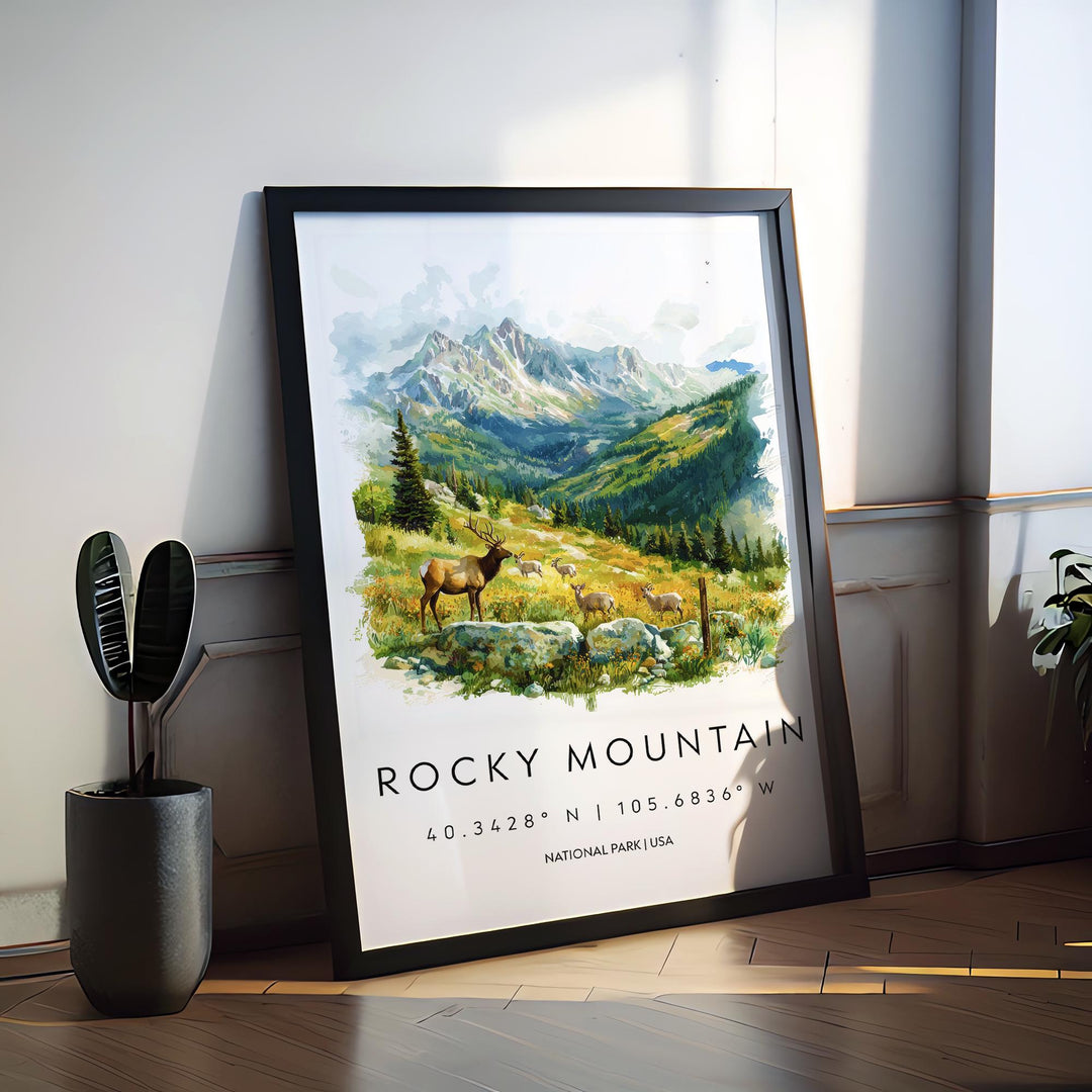 Rocky Mountain Watercolor Poster Rocky Mountain Travel Print Colorado Wall Art National Park Decor Alpine Landscape Hiking Nature Print