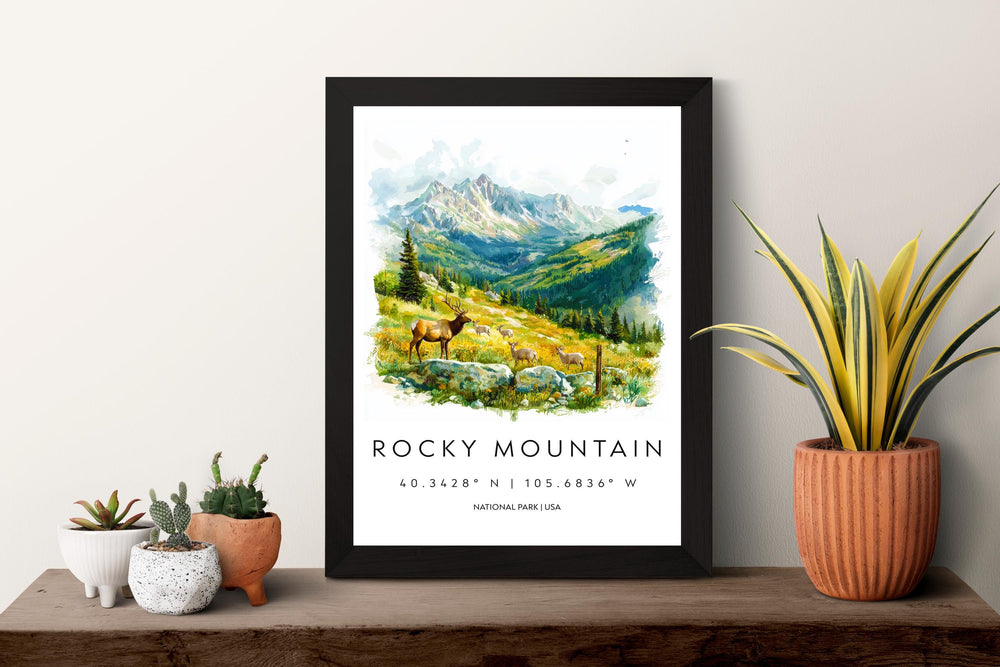 Rocky Mountain Watercolor Poster Rocky Mountain Travel Print Colorado Wall Art National Park Decor Alpine Landscape Hiking Nature Print