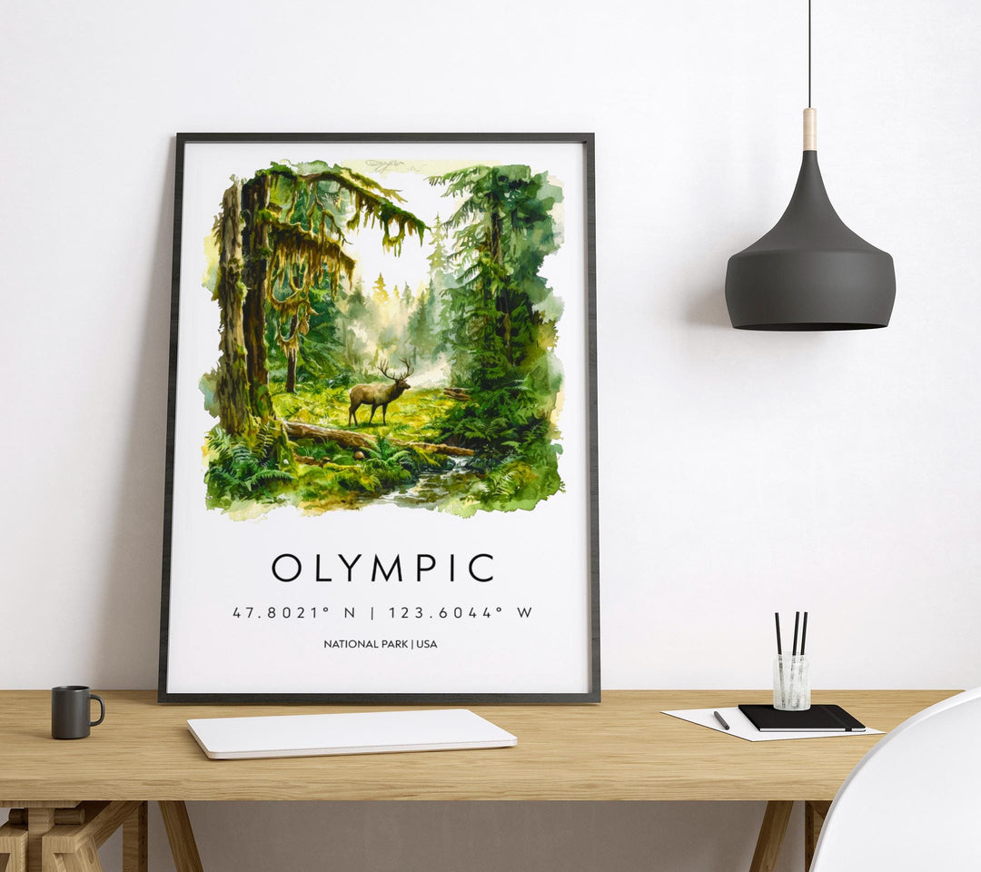 Olympic Watercolor Poster Olympic Travel Print Washington Wall Art Olympic National Park Decor Forest Coast Mountain Scene Landscape Print