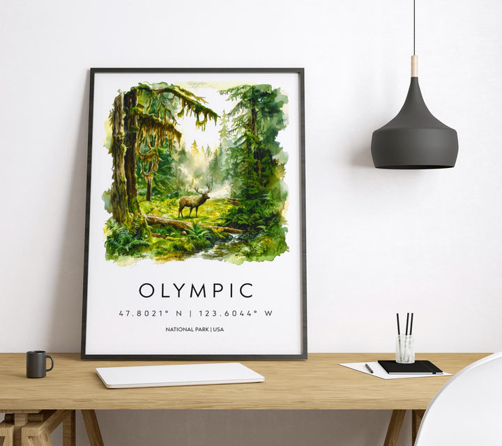 Olympic Watercolor Poster Olympic Travel Print Washington Wall Art Olympic National Park Decor Forest Coast Mountain Scene Landscape Print