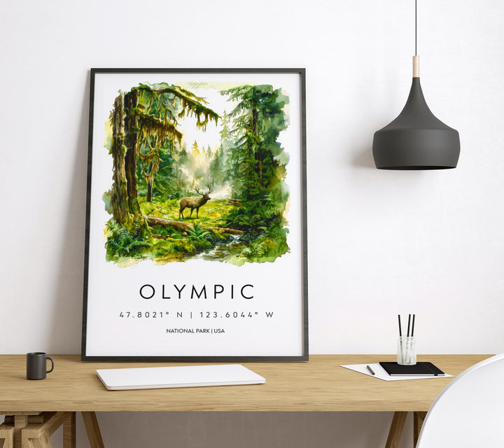 Olympic Watercolor Poster Olympic Travel Print Washington Wall Art Olympic National Park Decor Forest Coast Mountain Scene Landscape Print