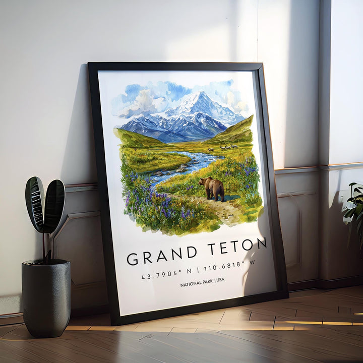 Grand Teton Watercolor Poster Grand Teton Travel Print Wyoming Wall Art National Park Decor Mountain Landscape Grand Teton Scene Print