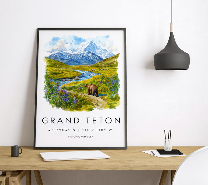 Grand Teton Watercolor Poster Grand Teton Travel Print Wyoming Wall Art National Park Decor Mountain Landscape Grand Teton Scene Print