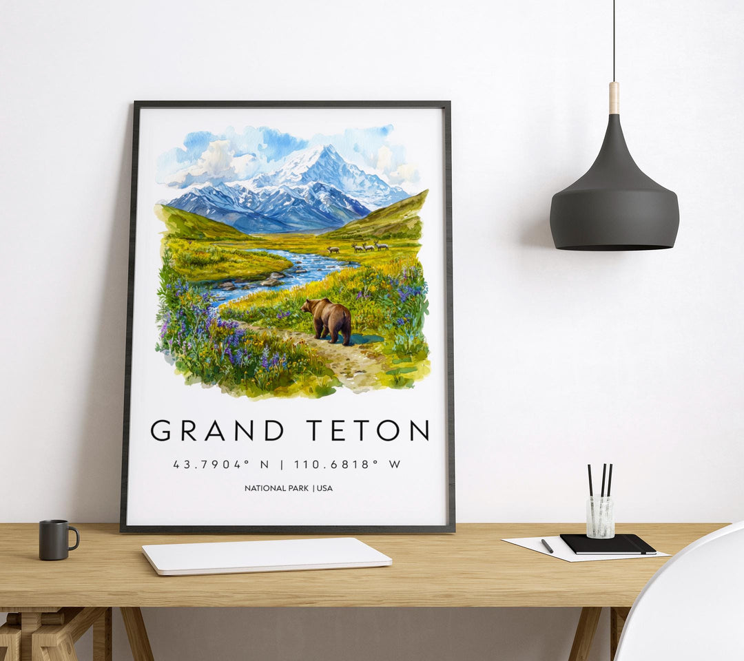 Grand Teton Watercolor Poster Grand Teton Travel Print Wyoming Wall Art National Park Decor Mountain Landscape Grand Teton Scene Print