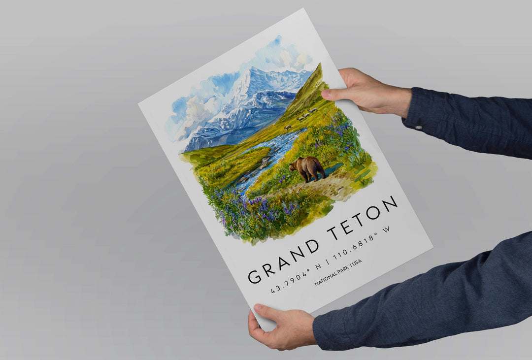 Grand Teton Watercolor Poster Grand Teton Travel Print Wyoming Wall Art National Park Decor Mountain Landscape Grand Teton Scene Print