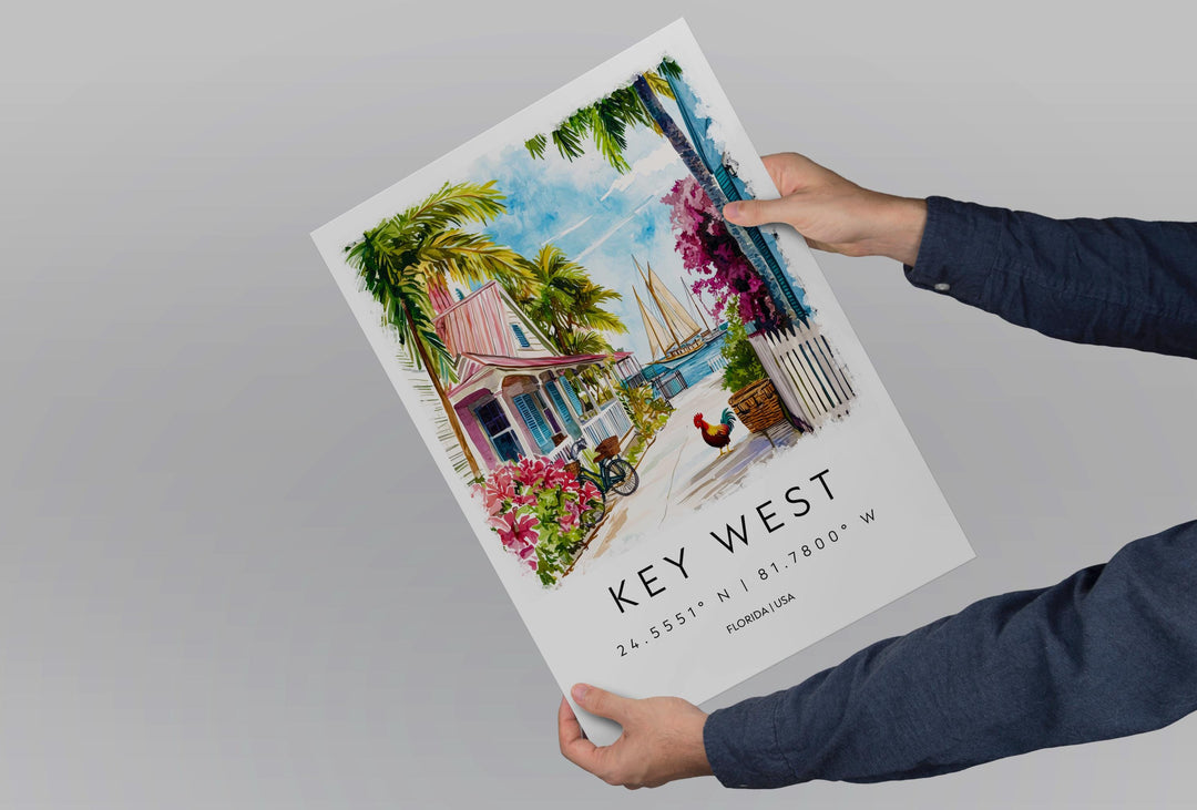 Key West Watercolor Poster Key West Travel Print Florida Wall Art Key West Island Decor Tropical Beach Scene Sunset Coastline Print