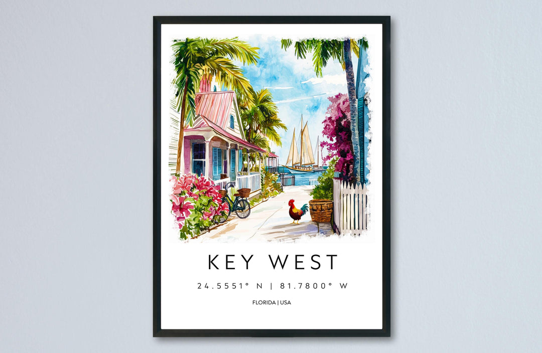 Key West Watercolor Poster Key West Travel Print Florida Wall Art Key West Island Decor Tropical Beach Scene Sunset Coastline Print