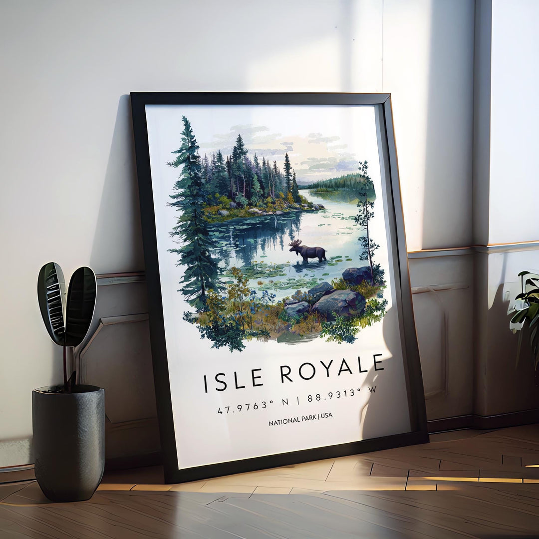 Isle Royale Watercolor Poster Isle Royale Travel Print Michigan Wall Art National Park Decor Lake Superior Landscape Wilderness Scene Print