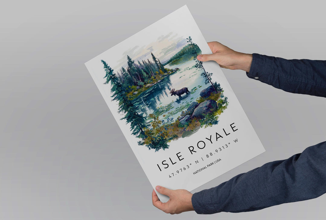 Isle Royale Watercolor Poster Isle Royale Travel Print Michigan Wall Art National Park Decor Lake Superior Landscape Wilderness Scene Print