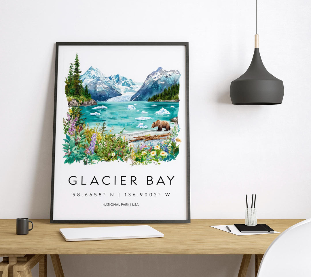 Glacier Bay Watercolor Poster Glacier Bay Travel Print Alaska Wall Art Glacier Bay Decor Coastal Landscape Iceberg Nature Scene Print
