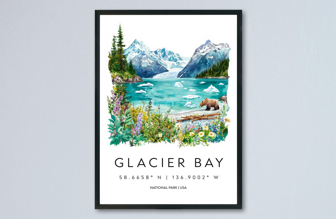 Glacier Bay Watercolor Poster Glacier Bay Travel Print Alaska Wall Art Glacier Bay Decor Coastal Landscape Iceberg Nature Scene Print