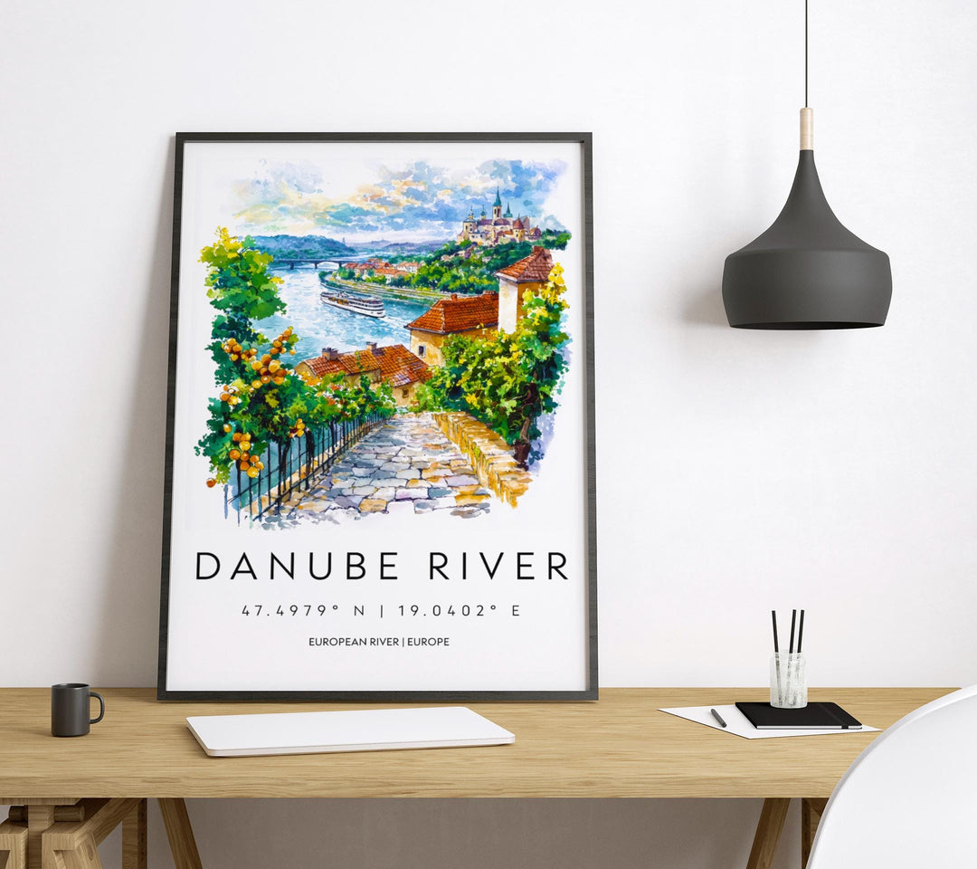 Danube River Watercolor Poster Danube Travel Print Danube Wall Art River Landscape Painting Europe Souvenir Scenic Decor