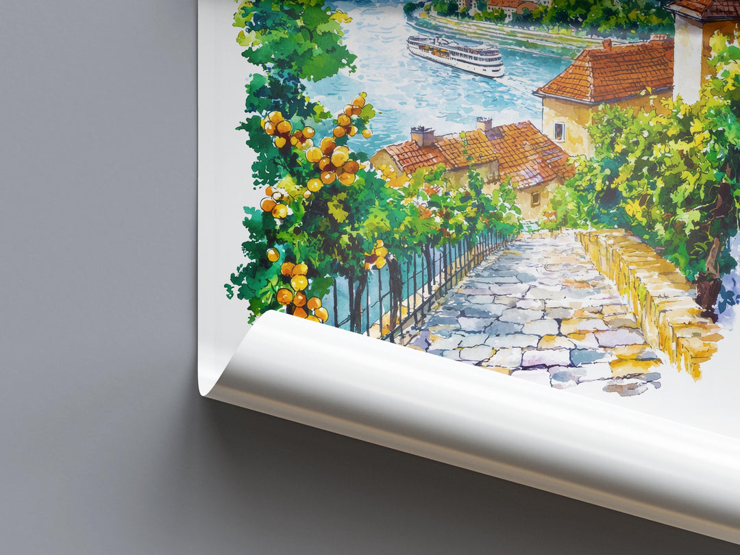 Danube River Watercolor Poster Danube Travel Print Danube Wall Art River Landscape Painting Europe Souvenir Scenic Decor