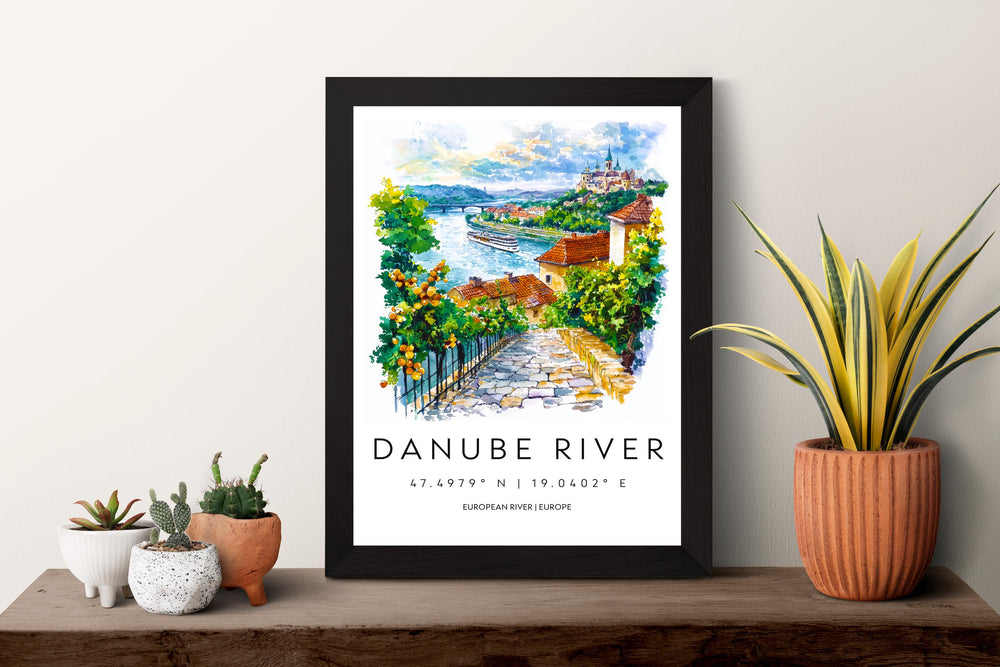 Danube River Watercolor Poster Danube Travel Print Danube Wall Art River Landscape Painting Europe Souvenir Scenic Decor