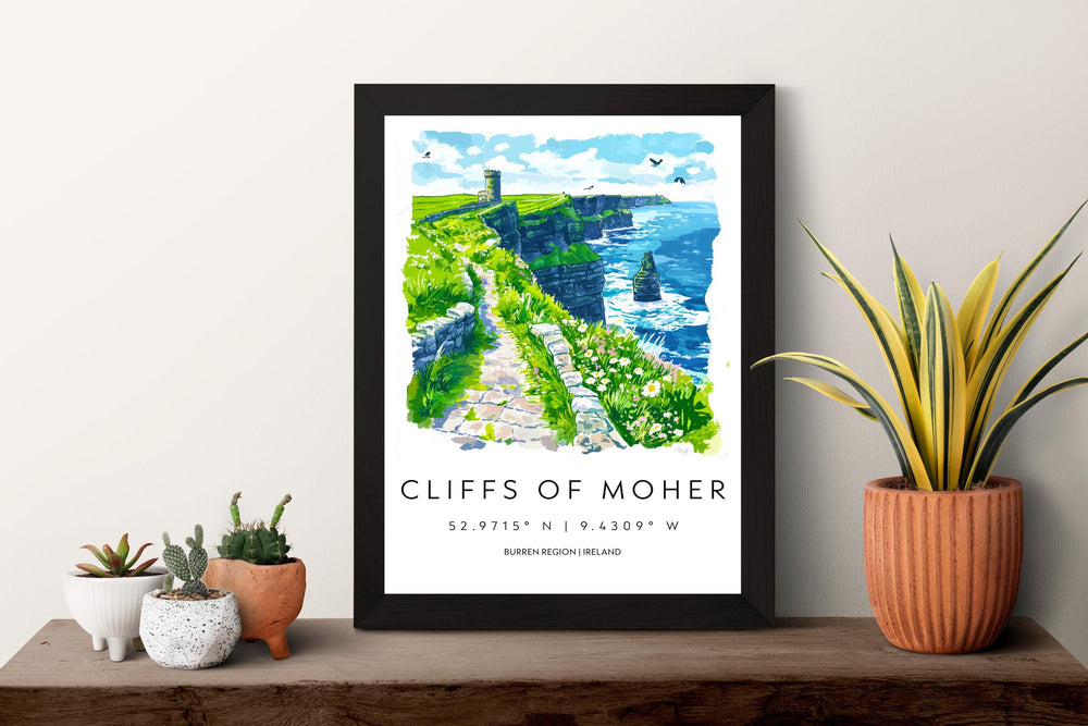 Cliffs of Moher Watercolor Poster Ireland Travel Print Cliffs of Moher Wall Art Irish Landscape Painting Coastal Souvenir Decor