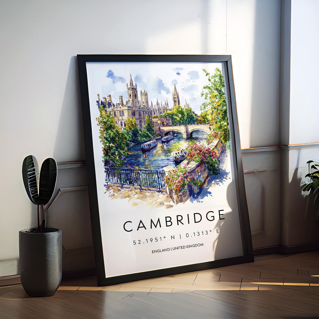 Cambridge Watercolor Poster Cambridge Travel Print Cambridge Wall Art Cambridge Painting UK University Town Decor