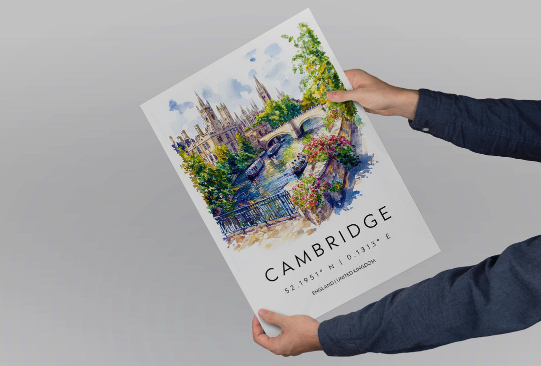 Cambridge Watercolor Poster Cambridge Travel Print Cambridge Wall Art Cambridge Painting UK University Town Decor