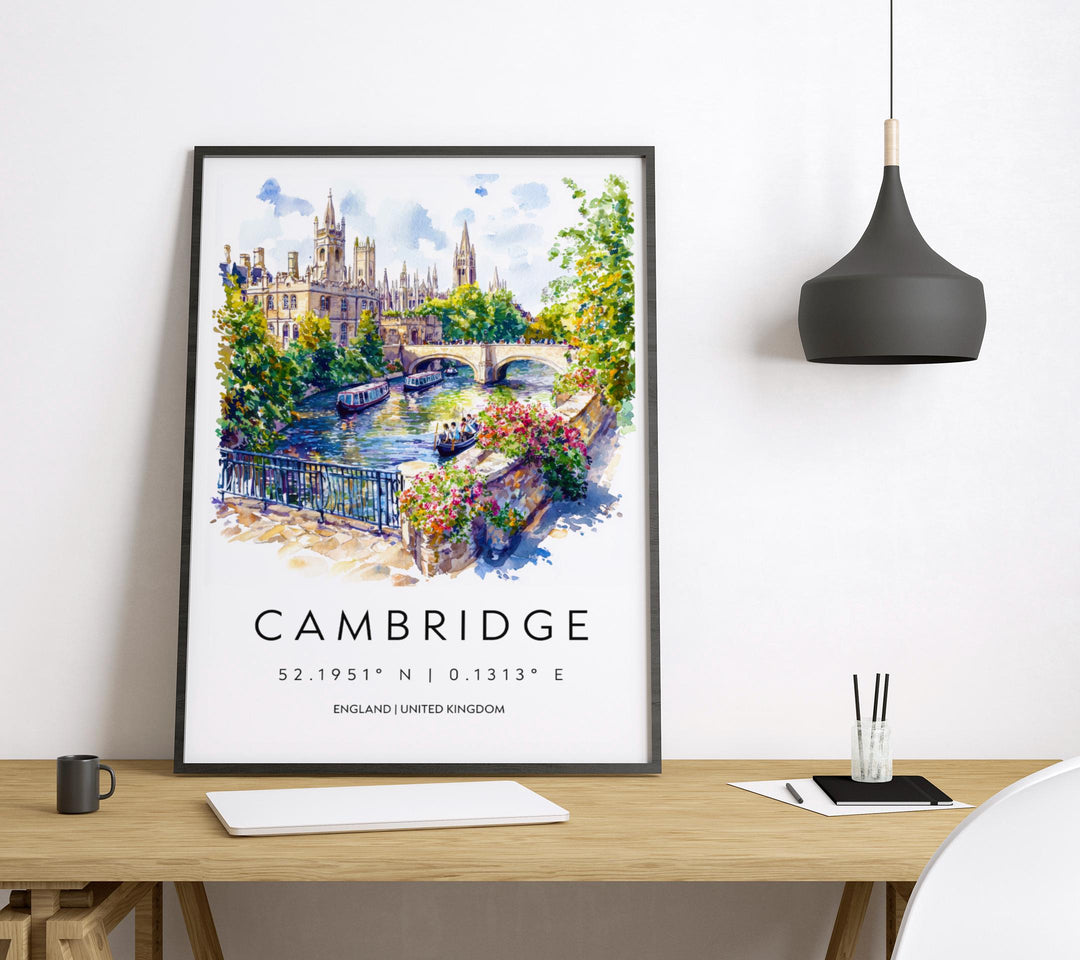 Cambridge Watercolor Poster Cambridge Travel Print Cambridge Wall Art Cambridge Painting UK University Town Decor