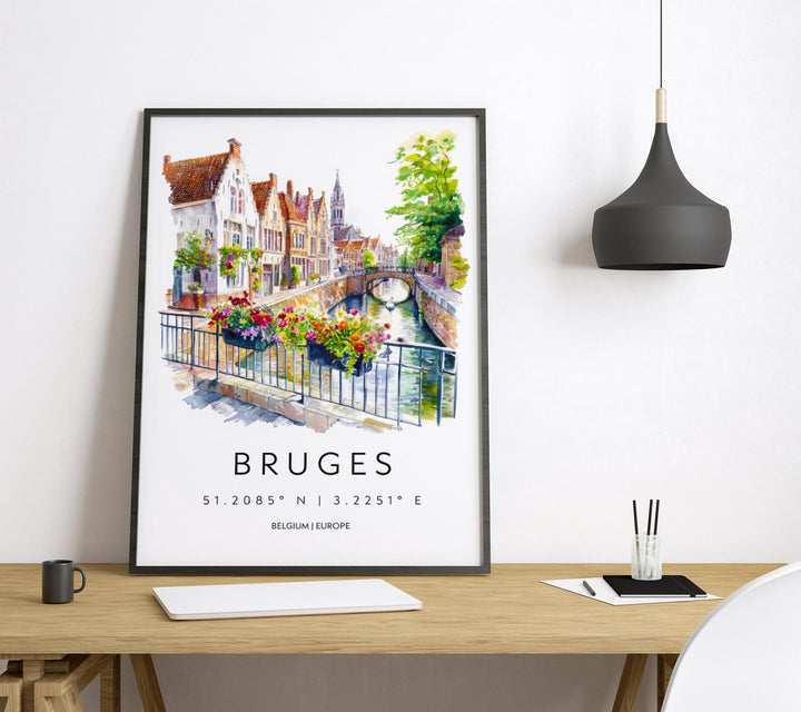 Bruges Watercolor Poster Bruges Travel Print Bruges Wall Art Bruges Cityscape Painting Bruges Souvenir Belgium Decor