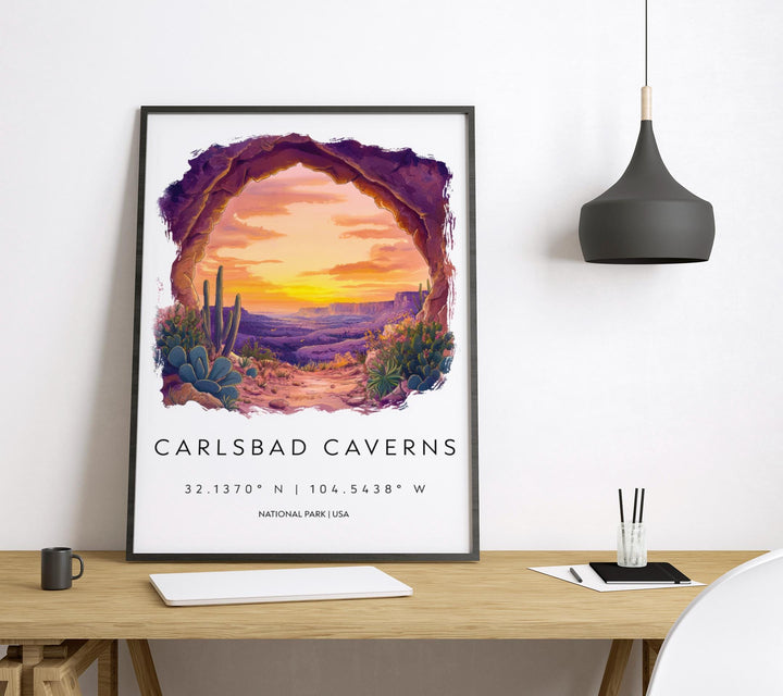 Carlsbad Caverns Watercolor Poster Carlsbad Travel Print New Mexico Wall Art Carlsbad Caverns Decor Cave Landscape Subterranean Scene