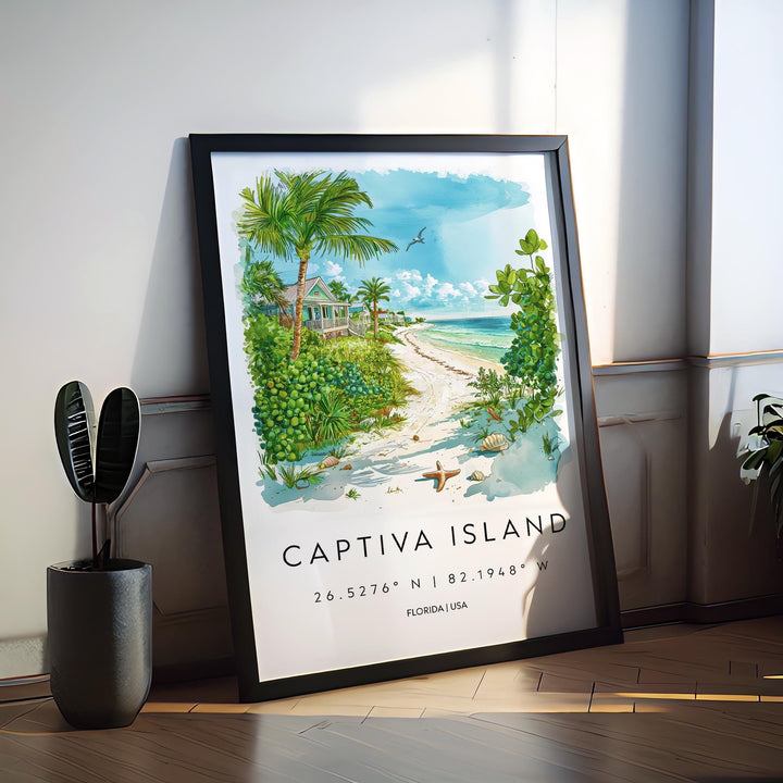 Captiva Island Watercolor Poster Captiva Travel Print Florida Wall Art Captiva Island Decor Coastal Scene Beach Sunset Shell Print