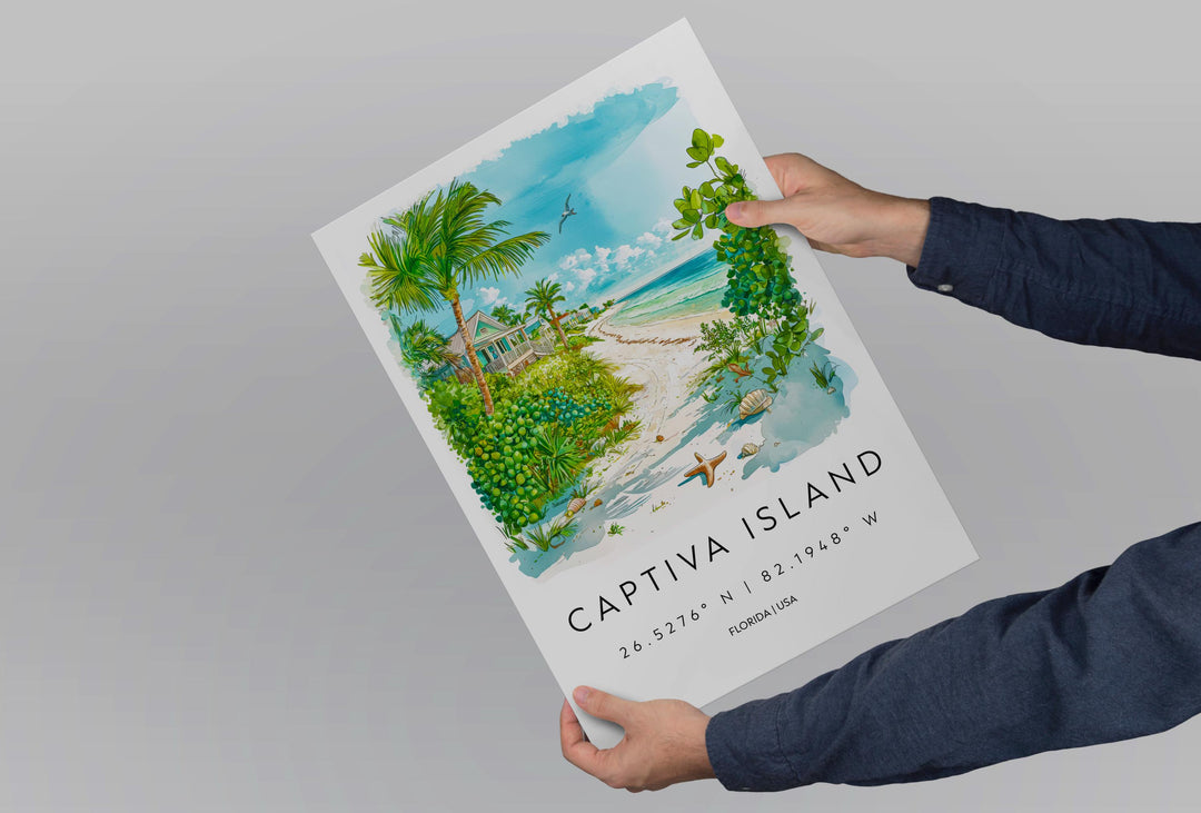 Captiva Island Watercolor Poster Captiva Travel Print Florida Wall Art Captiva Island Decor Coastal Scene Beach Sunset Shell Print