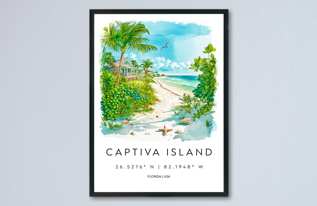 Captiva Island Watercolor Poster Captiva Travel Print Florida Wall Art Captiva Island Decor Coastal Scene Beach Sunset Shell Print
