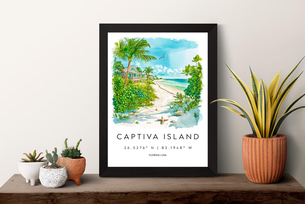 Captiva Island Watercolor Poster Captiva Travel Print Florida Wall Art Captiva Island Decor Coastal Scene Beach Sunset Shell Print
