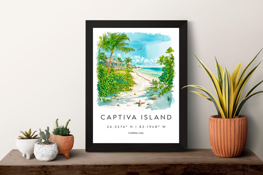 Captiva Island Watercolor Poster Captiva Travel Print Florida Wall Art Captiva Island Decor Coastal Scene Beach Sunset Shell Print