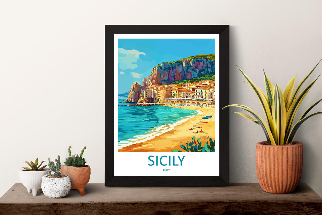 Sicily Travel Poster Italy Wall Art Island Coast Print Mediterranean View Illustration Historic Decor Sicily Gift Souvenir Scene