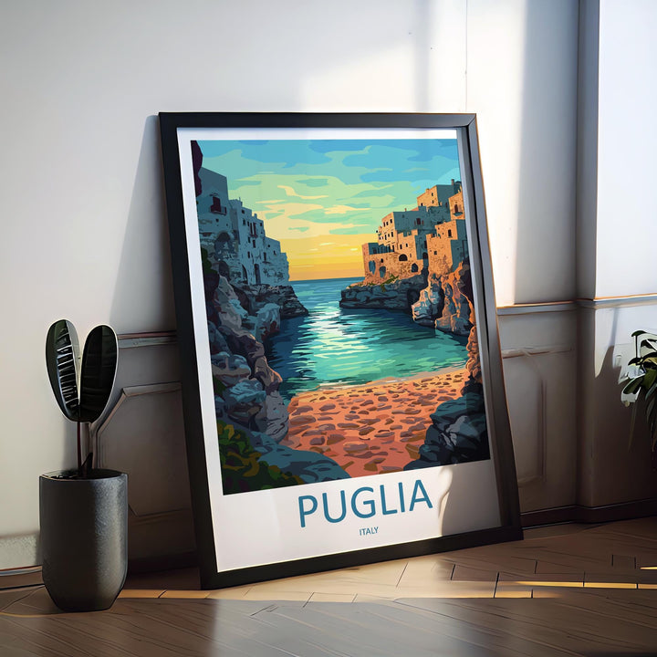 Puglia Travel Poster Italy Wall Art Coastal Village Print Trulli View Illustration Mediterranean Decor Puglia Gift Souvenir Scene