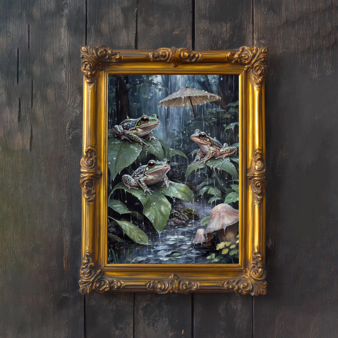Raindrop Frogs Vintage Print, Cottagecore Woodland Wall Decor