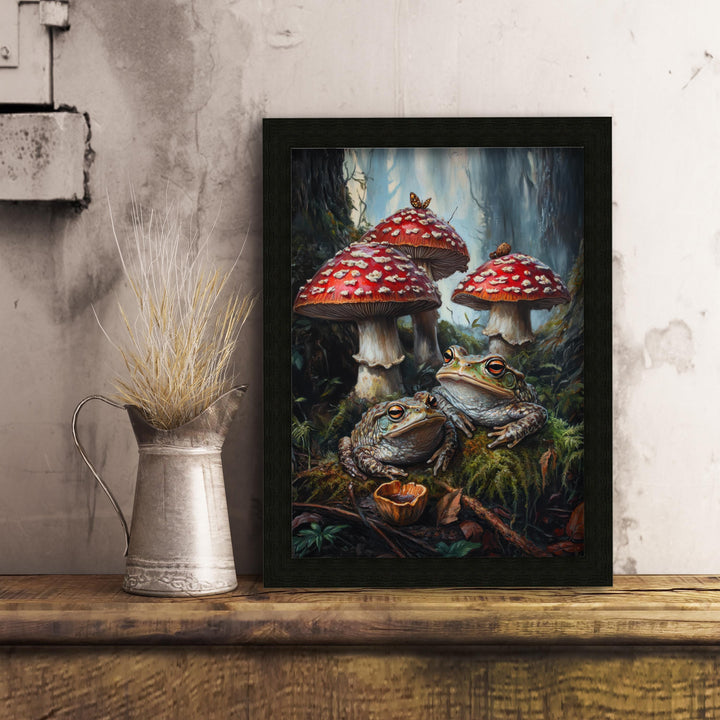 Frog & Toadstool Vintage Art Print, Cottagecore Woodland Decor
