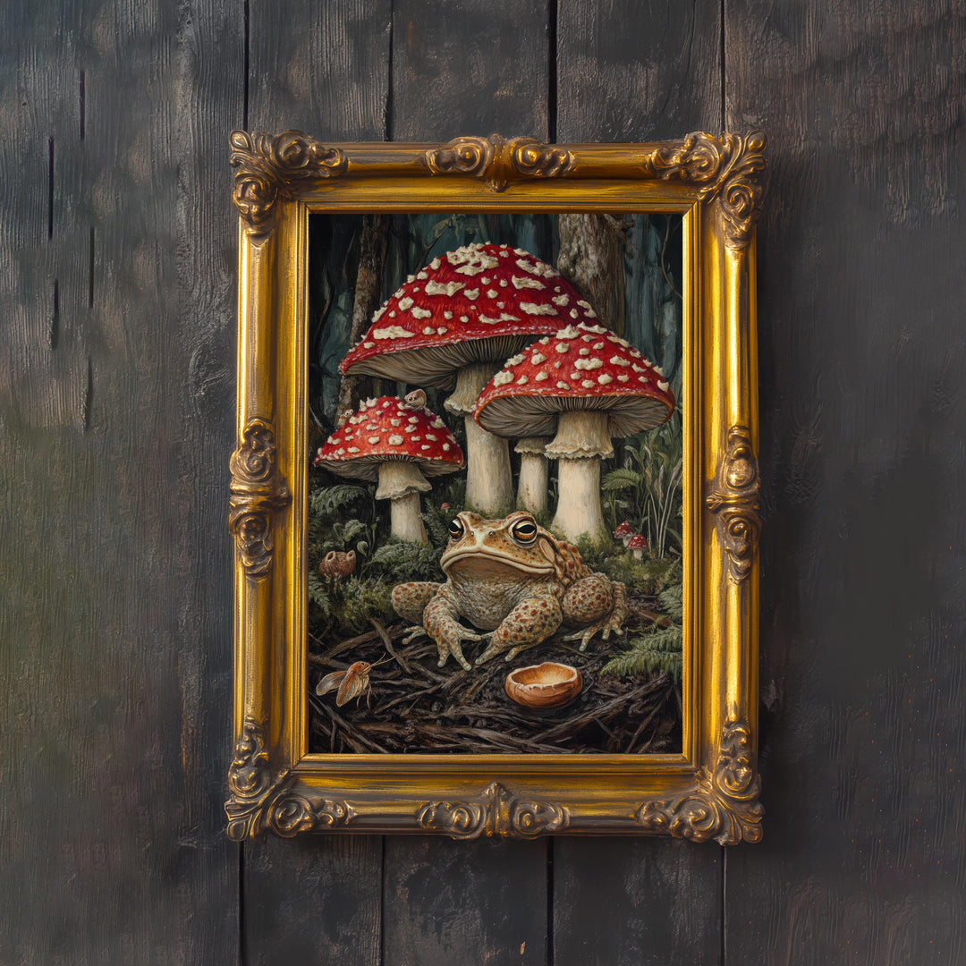 Frog & Toadstool Cottagecore Print, Vintage Woodland Art