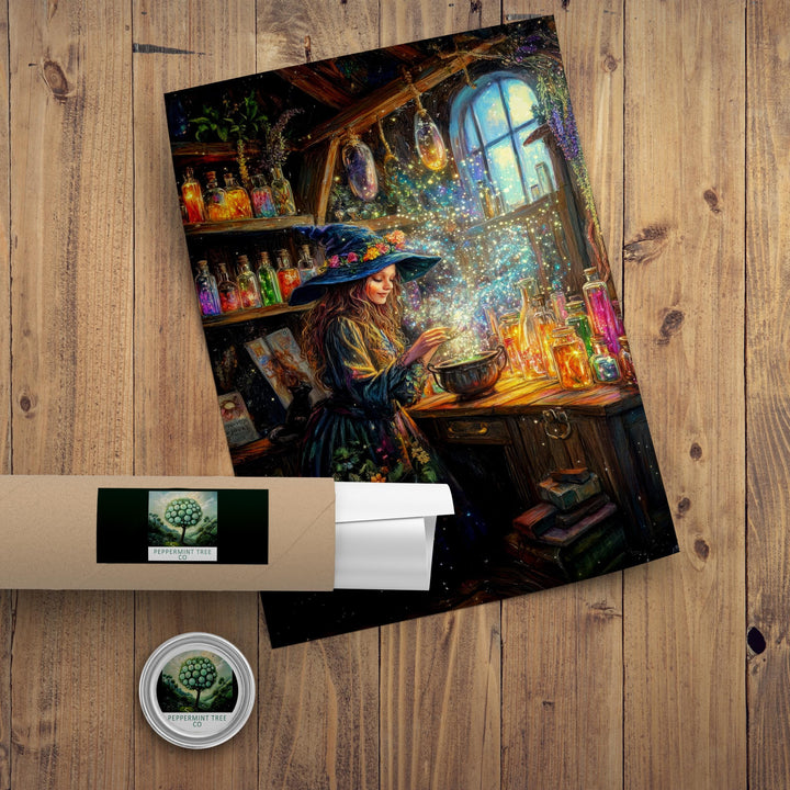 Rainbow Potion Witch Print, Vintage Cottagecore Magical Art