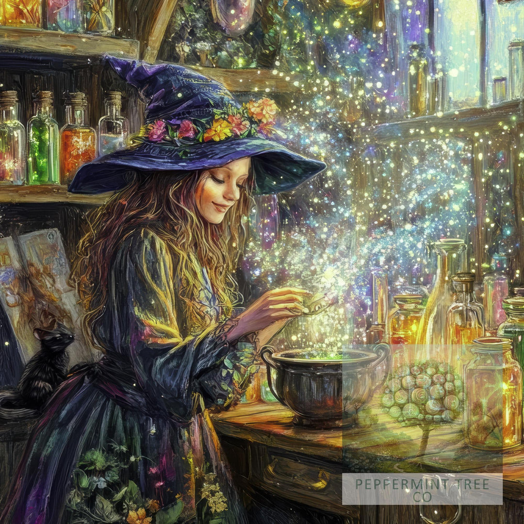 Rainbow Potion Witch Print, Vintage Cottagecore Magical Art