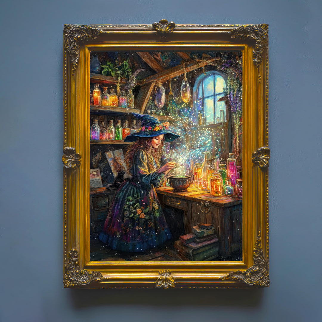 Rainbow Potion Witch Print, Vintage Cottagecore Magical Art