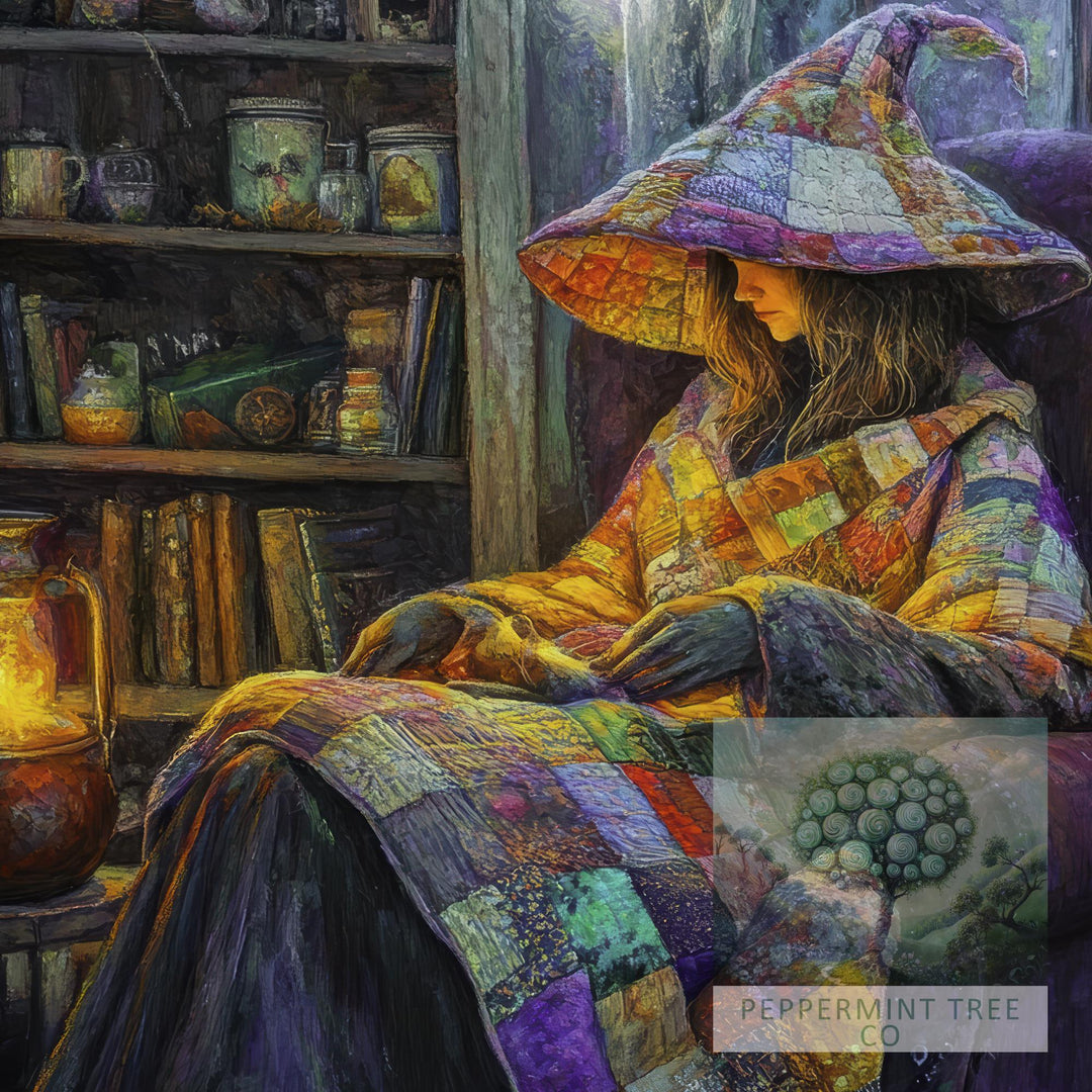 Patchwork Quilt Witch Art Print, Vintage Cottagecore Illustration