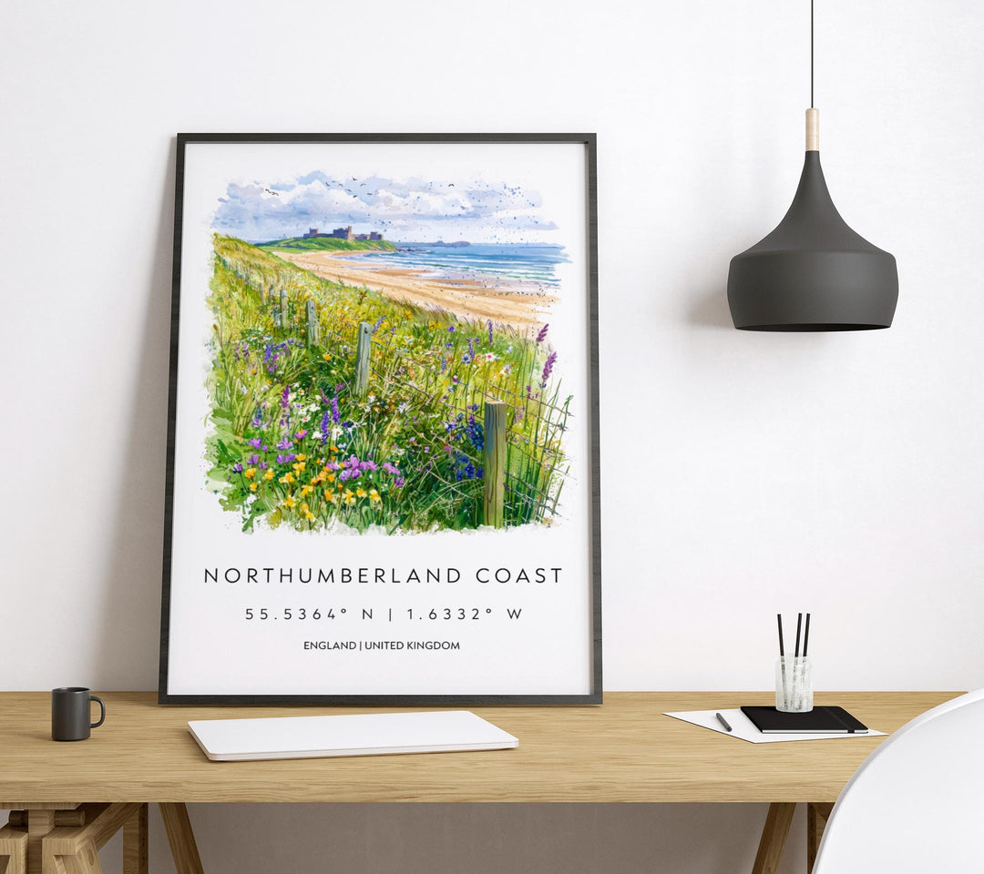 Northumberland Coast Watercolor Poster Travel Print Wall Art UK Coastal Painting Northumberland Landscape Souvenir Decor