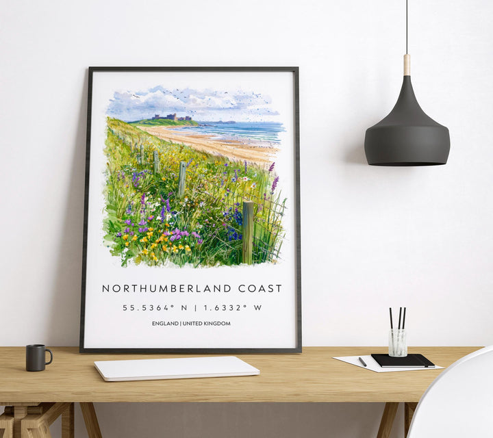 Northumberland Coast Watercolor Poster Travel Print Wall Art UK Coastal Painting Northumberland Landscape Souvenir Decor
