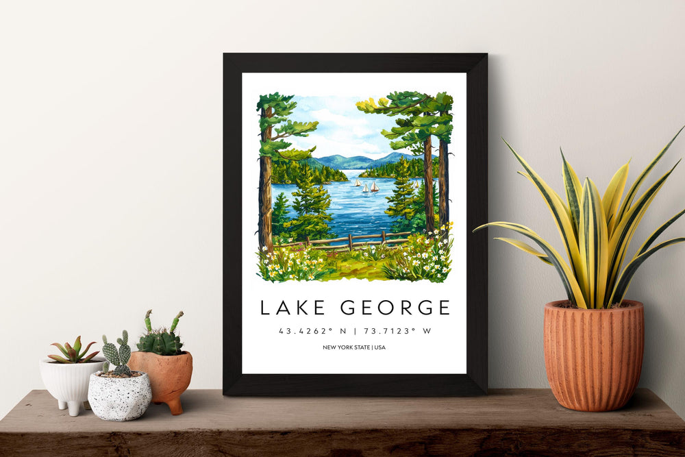 Lake George Watercolor Poster Lake George Travel Print Lake George Wall Art Adirondacks Painting Nature Souvenir Decor