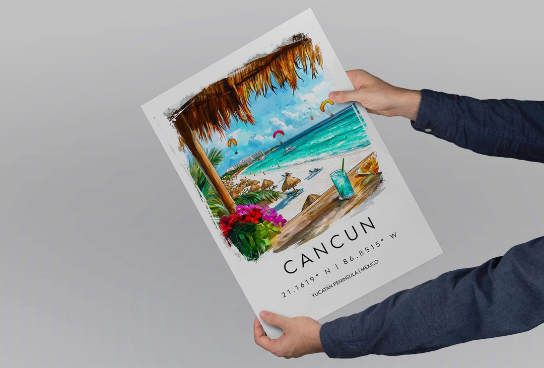 Cancun Watercolor Poster Cancun Travel Print Cancun Wall Art Mexico Beach Painting Cancun Souvenir Tropical Decor