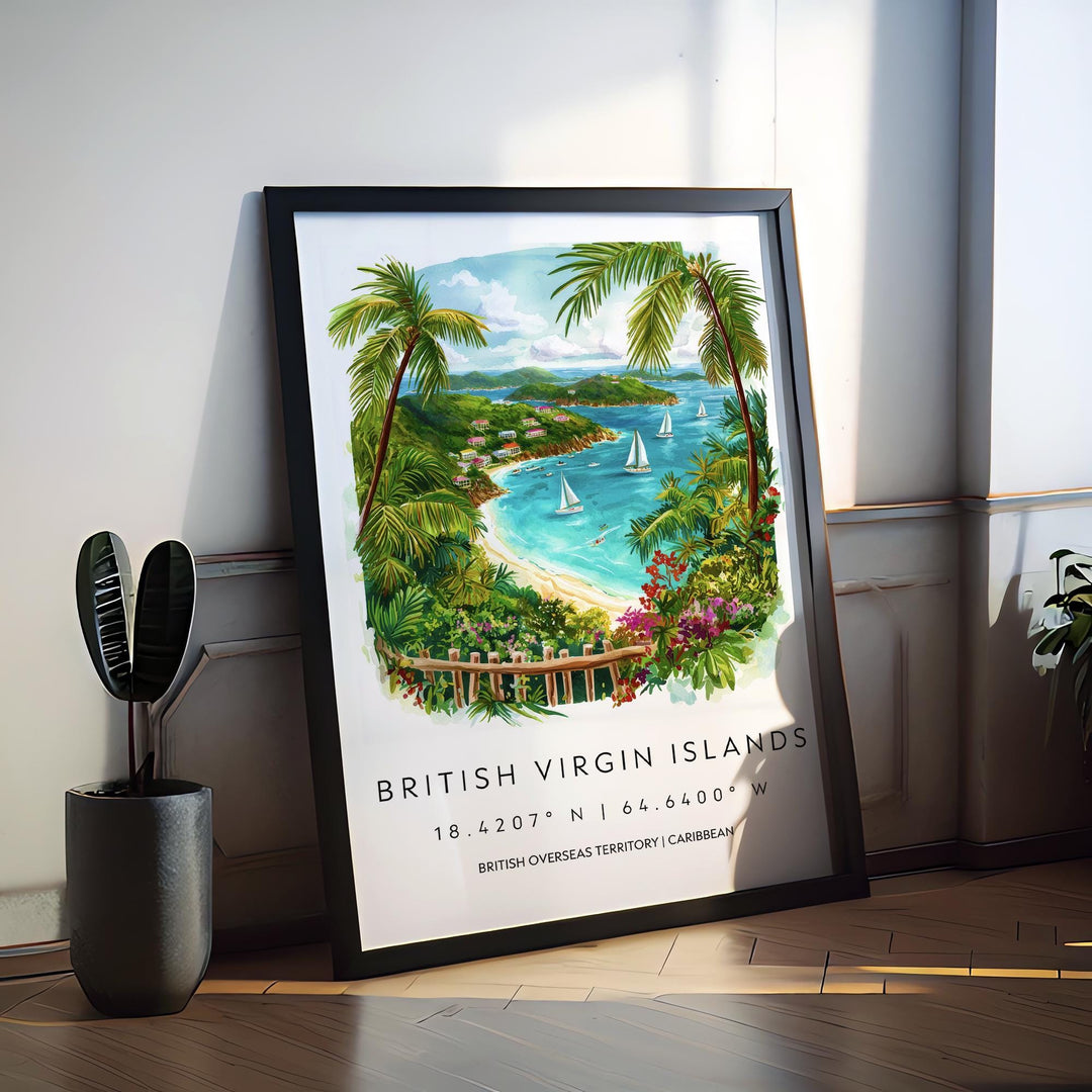 British Virgin Islands Watercolor Poster BVI Travel Print Island Wall Art Caribbean Painting Tropical Beach Decor